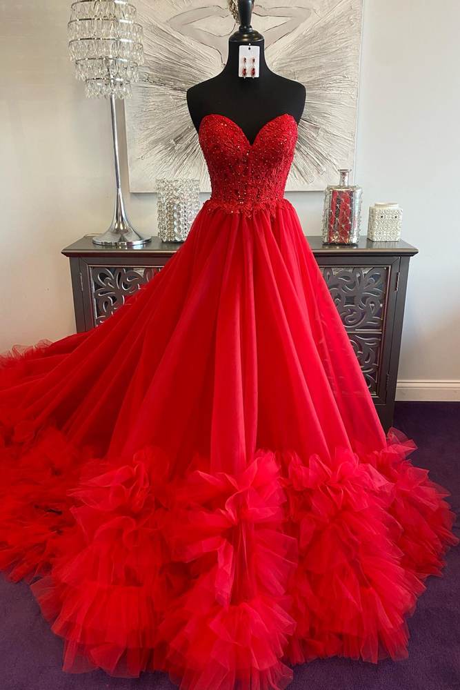 Red Sweetheart Strapless A-Line Tiered Long Tulle Prom Dresses