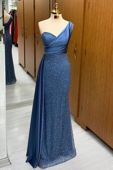 Deluxe Floor-Length Mermaid One Shoulder Sequined Satin Prom Dresses