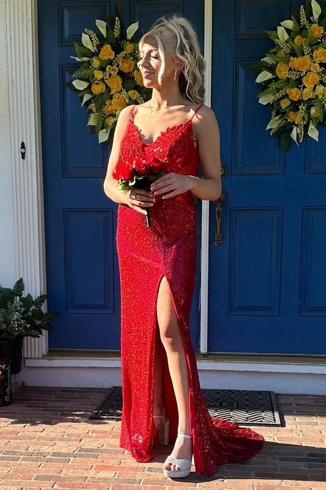 Red V-Neck Mermaid Sequined Evening Prom Dresses