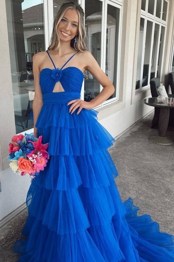 Blue Exquisite Sleeveless Tiered Tulle Long A-Line Formal Dresses with Handmade Flower