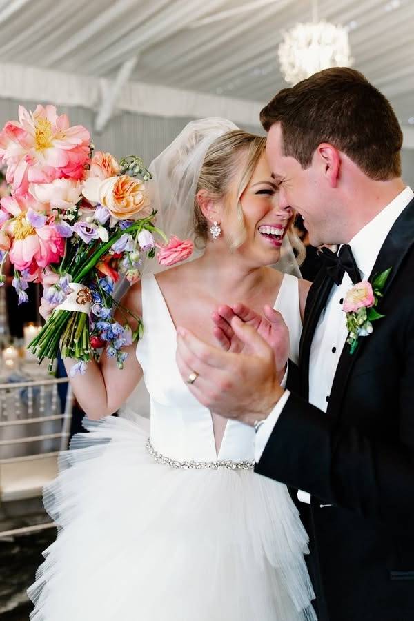 White Trendy Deep V-Neck Tiered A-Line Tulle Wedding Dresses with Cathedral Train