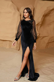 Black Long Sleeves Mermaid Velvet Tulle Evening Dresses with Slit