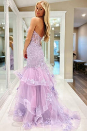 Luxurious Strapless Mermaid Sweetheart Lace Tulle Prom Dresses with Sweep Train