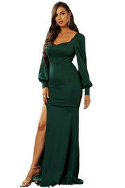 Dark Green Long Sleeves Mermaid Satin Prom Dresses with Slit