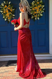 Red V-Neck Mermaid Sequined Evening Prom Dresses