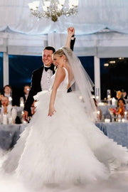 White Trendy Deep V-Neck Tiered A-Line Tulle Wedding Dresses with Cathedral Train