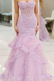 Luxurious Strapless Mermaid Sweetheart Lace Tulle Prom Dresses with Sweep Train