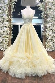 Daffodil Sweetheart Strapless A-Line Tiered Long Tulle Prom Dresses