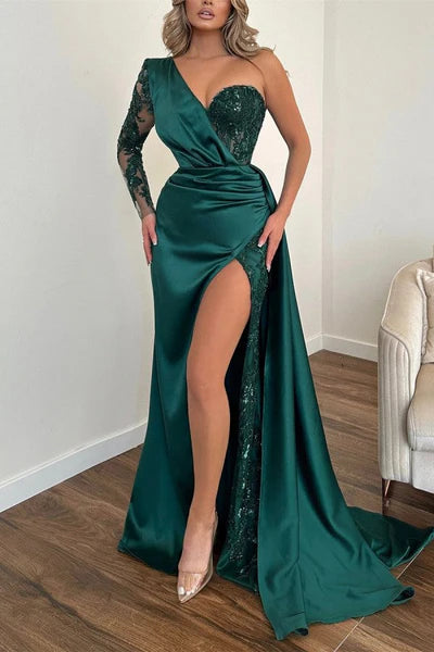 Dark Green One-Shoulder Long Sleeves Mermaid Satin Prom Dresses with Slit