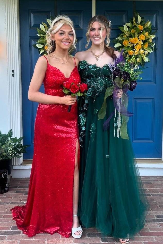 Red V-Neck Mermaid Sequined Evening Prom Dresses