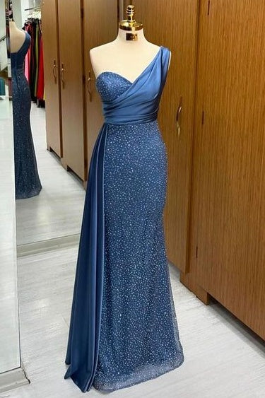 Deluxe Floor-Length Mermaid One Shoulder Sequined Satin Prom Dresses