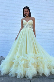 Daffodil Sweetheart Strapless A-Line Tiered Long Tulle Prom Dresses