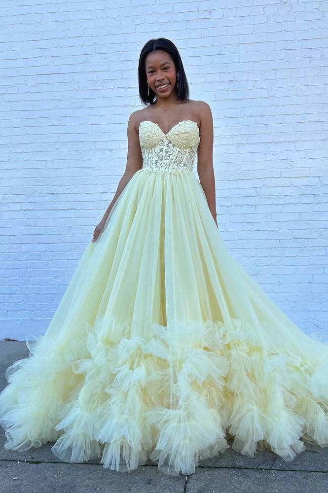 Daffodil Sweetheart Strapless A-Line Tiered Long Tulle Prom Dresses