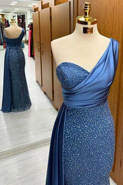 Deluxe Floor-Length Mermaid One Shoulder Sequined Satin Prom Dresses