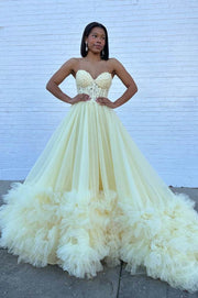 Daffodil Sweetheart Strapless A-Line Tiered Long Tulle Prom Dresses