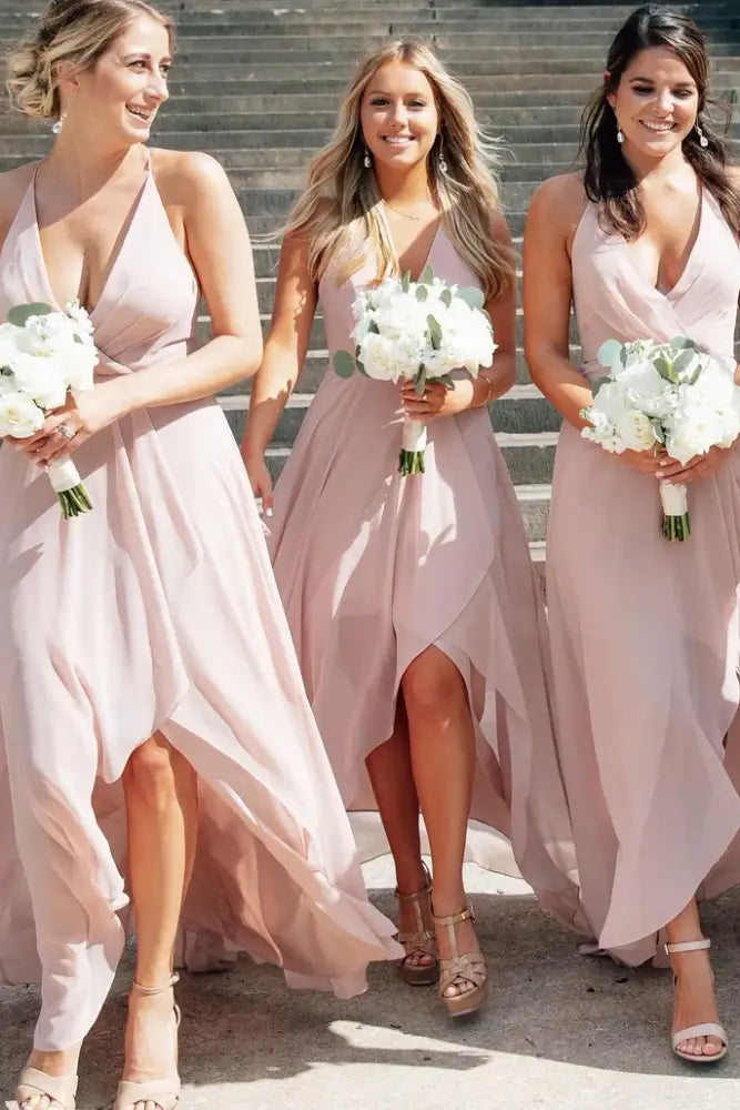 Pink Asymmetrical V-Neck Chiffon A-Line Bridesmaid Dresses