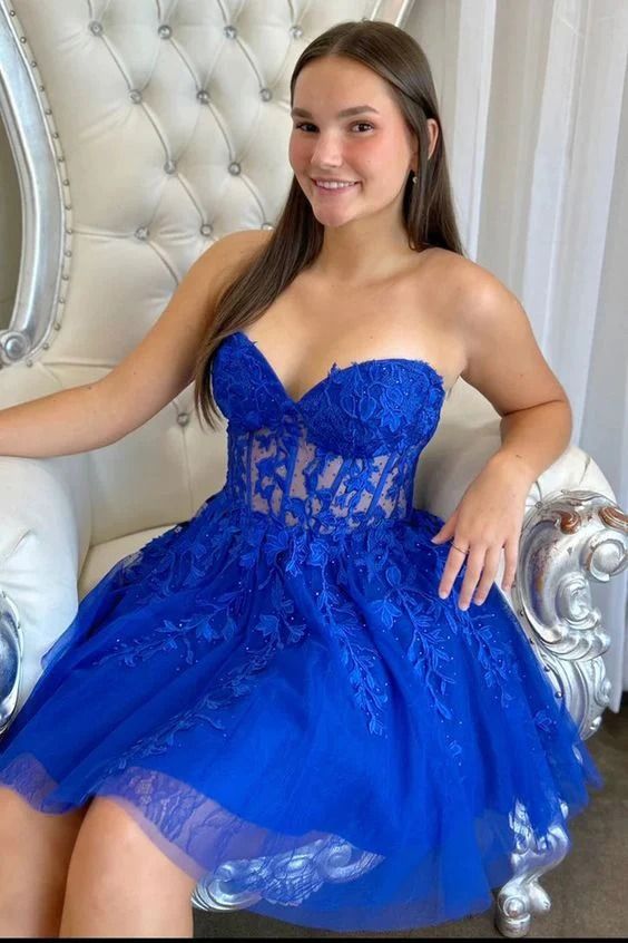 Royal Blue Sweetheart Strapless A-Line Short Tulle Homecoming Dresses with Appliques