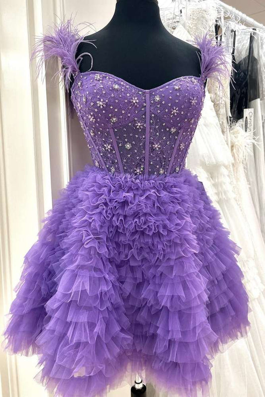 Lavender Beaded Sweetheart A Line Short Homecoming Dress with Feather Front Side