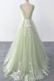 Sage V-Neck Sleeveless A-Line Long Tulle Wedding Dresses with Appliques