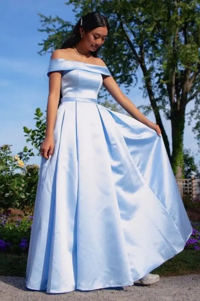 Elegant Off-The-Shoulder Floor-Length A-Line Satin Formal Dresses