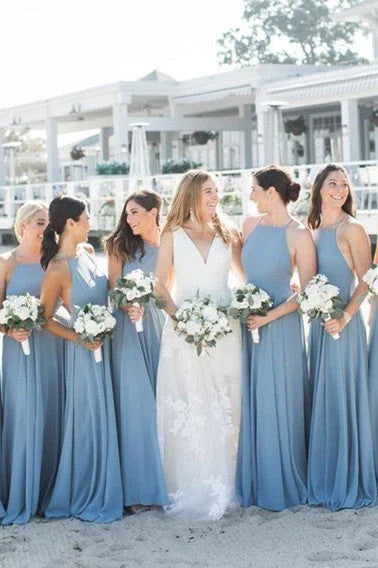 Dusty Blue Stylish Spaghetti Straps A-Line Chiffon Bridesmaid Dresses