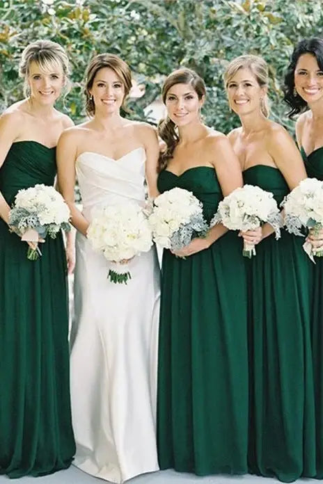 Dark Green Strapless Floor-Length A-Line Chiffon Bridesmaid Dresses