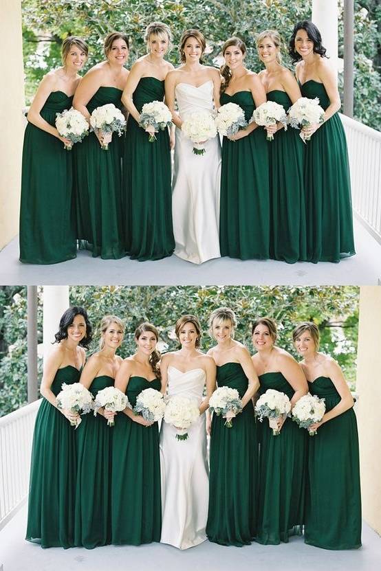 Dark Green Strapless Floor-Length A-Line Chiffon Bridesmaid Dresses