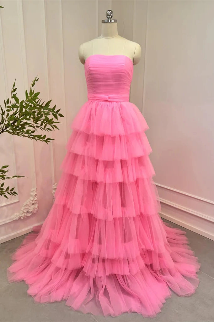 Gorgeous Tiered Strapless A-Line Long Tulle Party Dresses