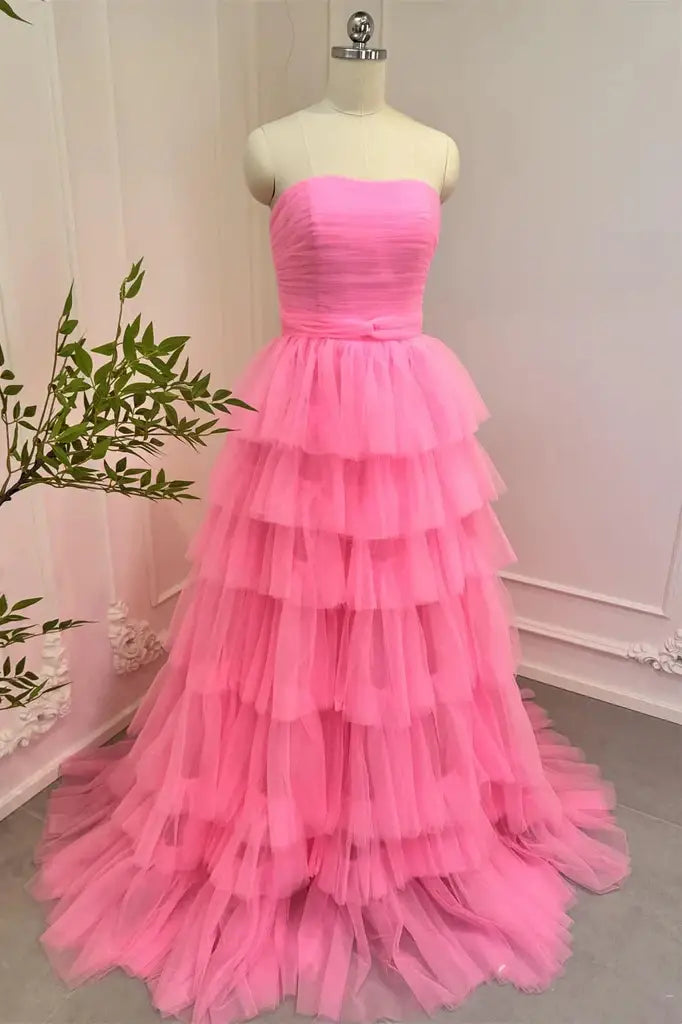 Gorgeous Tiered Strapless A-Line Long Tulle Party Dresses