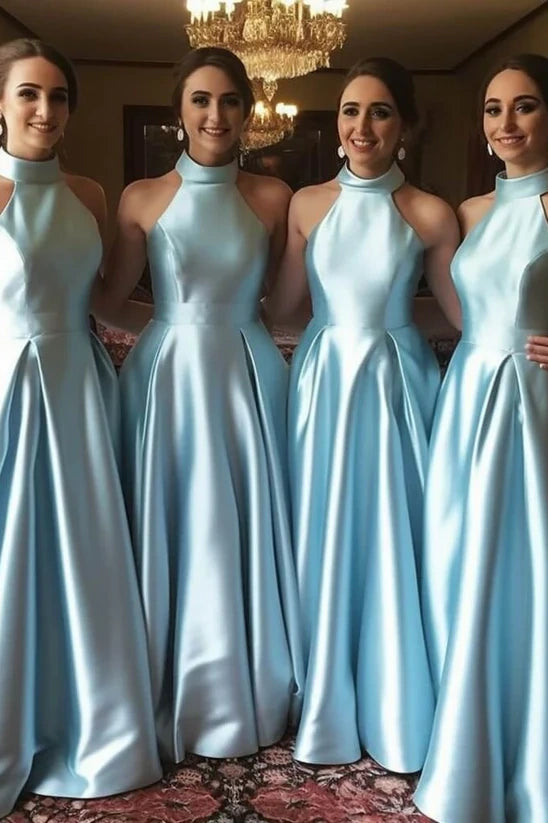 Blue Halter Floor-Length A-Line Satin Bridesmaid Dresses