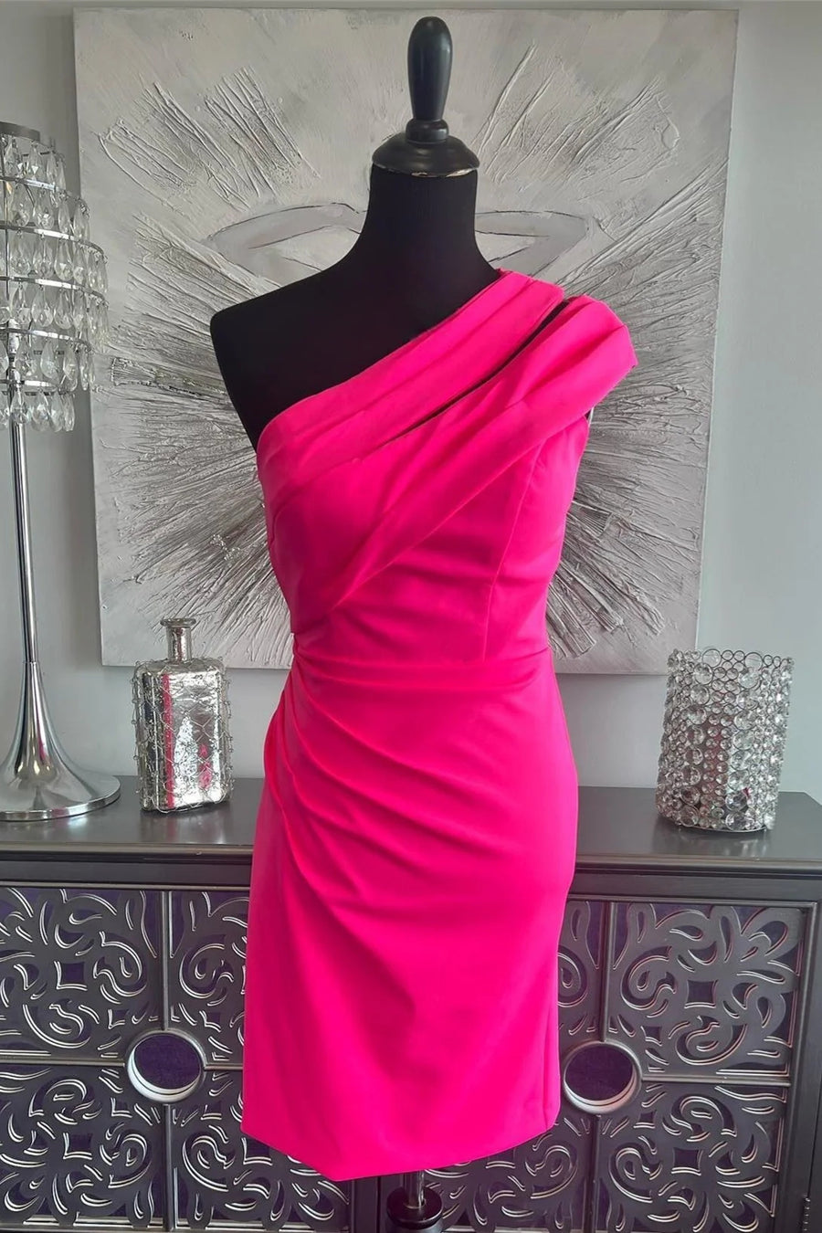 Fuchsia One-Shoulder Sleeveless Sheath Short Satin Homecoming Dresses