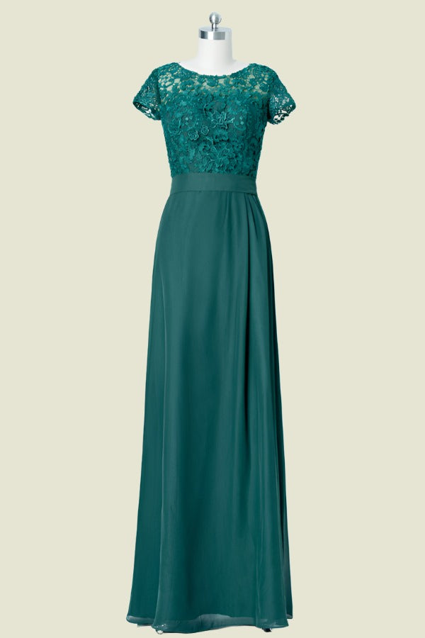 Peacock Short Sleeves A-Line Chiffon Floor-Length Bridesmaid Dresses