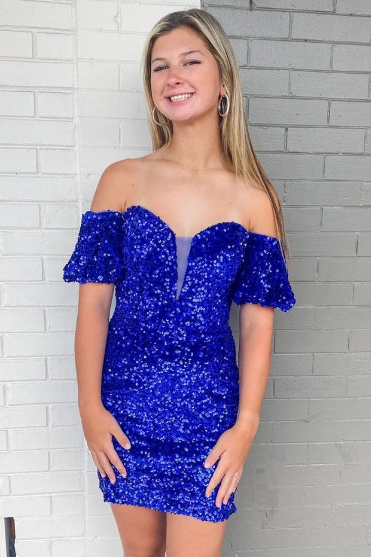 Royal Blue Sequined Off-The-Shoulder V-Neck Sheath Homecoming Dresses