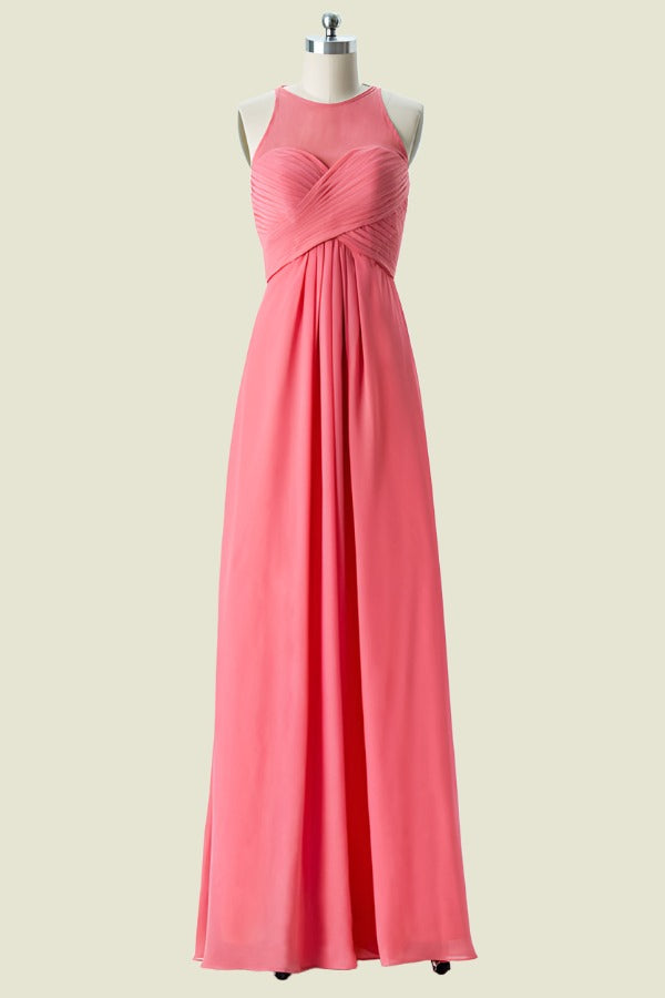 Watermelon Halter A-Line Floor-Length Chiffon Bridesmaid Dresses with Open Back