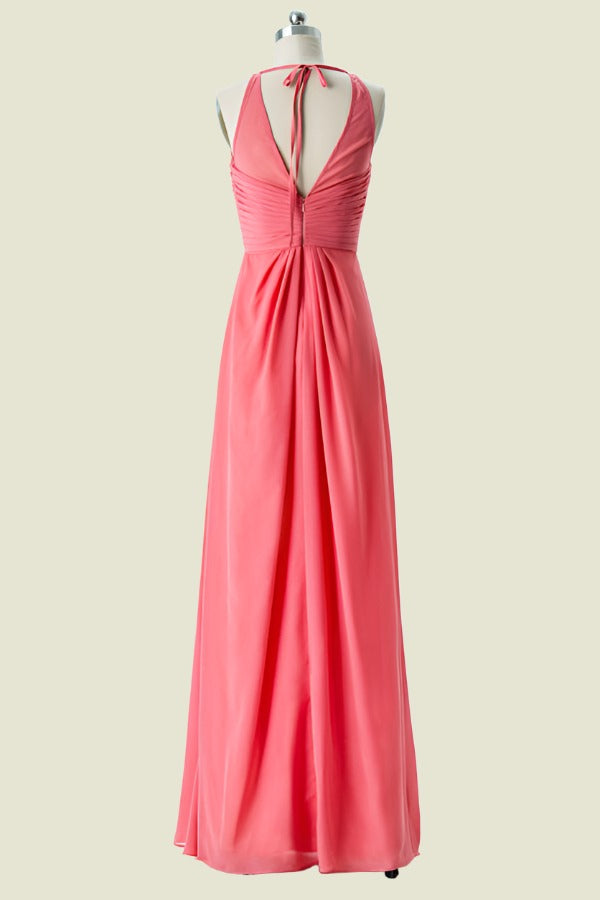 Watermelon Halter A-Line Floor-Length Chiffon Bridesmaid Dresses with Open Back