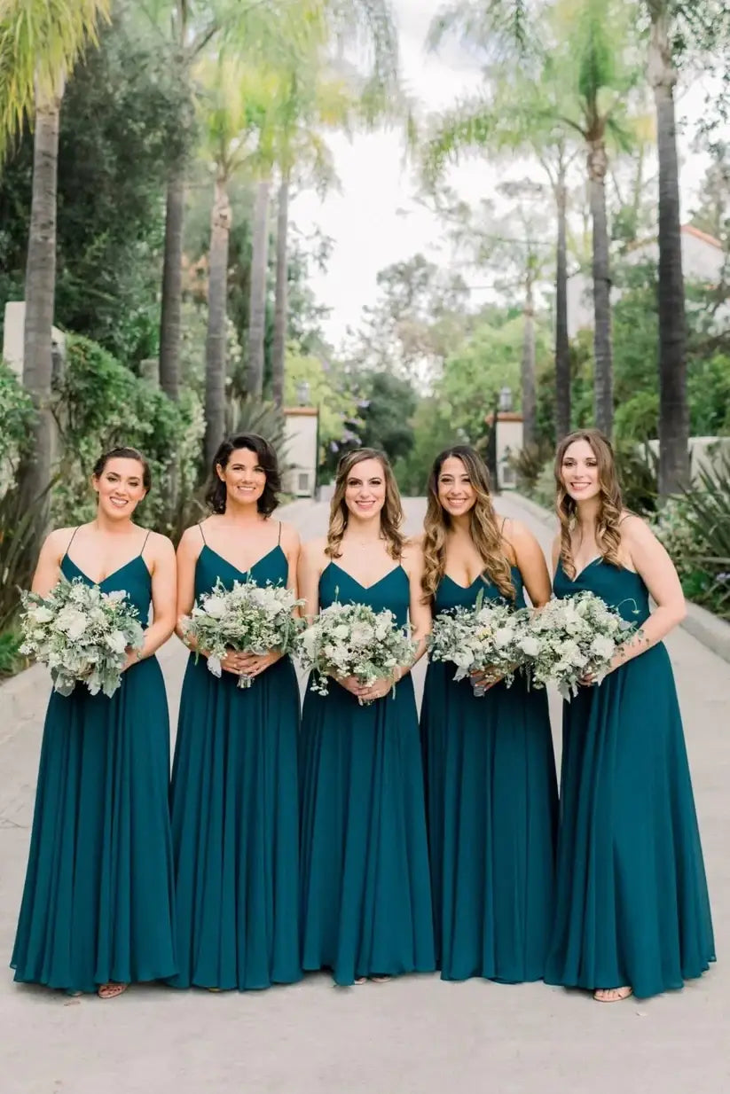 Ink Blue Floor-Length Spaghetti Straps A-Line Chiffon Bridesmaid Dresses