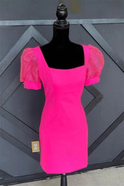 Fuchsia Square Neck Short Sleeves Column Satin Short Homecoming Dresses