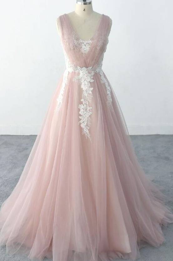 Pink V-Neck Sleeveless A-Line Long Tulle Wedding Dresses with Appliques