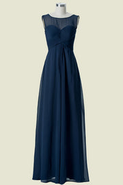 Dark Navy Jewel Neck Sleeveless A-Line Floor-Length Chiffon Bridesmaid Dresses