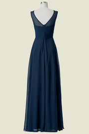 Dark Navy Jewel Neck Sleeveless A-Line Floor-Length Chiffon Bridesmaid Dresses