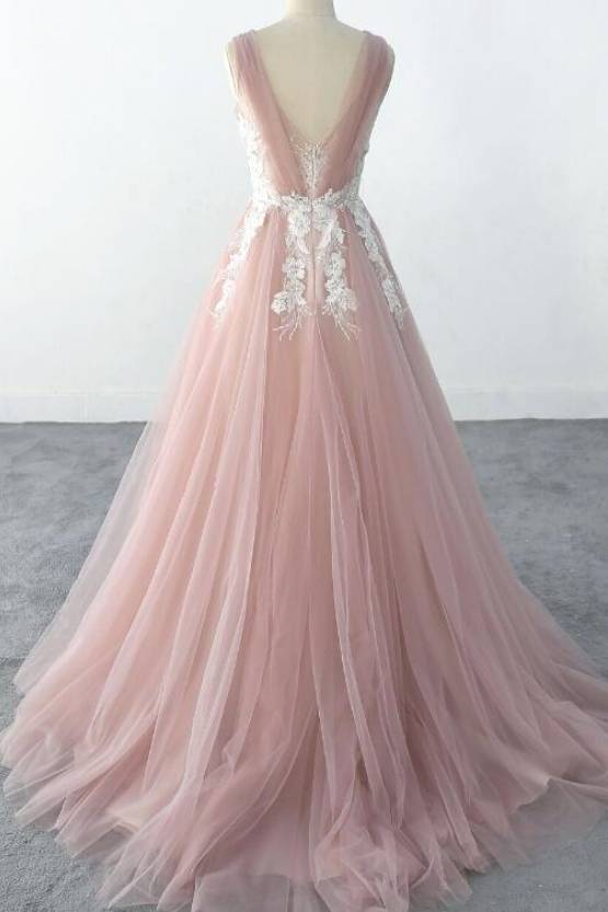 Pink V-Neck Sleeveless A-Line Long Tulle Wedding Dresses with Appliques