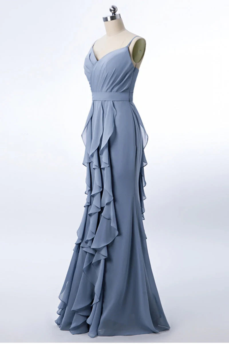 Dusty Blue Floor-Length Mermaid Chiffon Bridesmaid Dresses with Ruffles