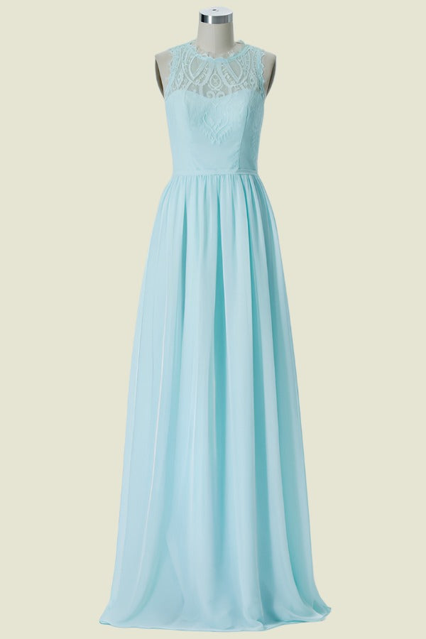 Light Blue Floor-Length Crew Neck Sleeveless A-Line Chiffon Bridesmaid Dresses