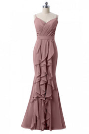 Dusty Rose Floor-Length Mermaid Chiffon Bridesmaid Dresses with Ruffles