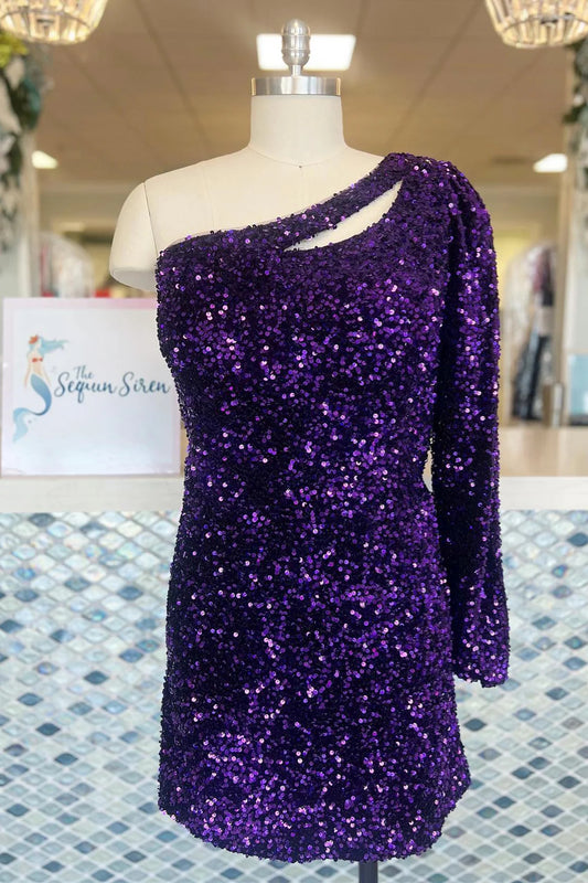 Purple One Shoulder Bodycon Short Homecoming Dress with Sequins Front Side