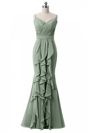 Dusty Sage Floor-Length Mermaid Chiffon Bridesmaid Dresses with Ruffles