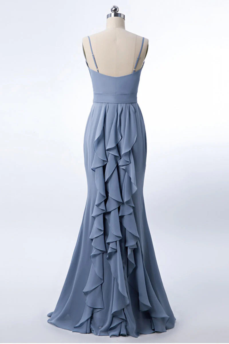 Dusty Blue Floor-Length Mermaid Chiffon Bridesmaid Dresses with Ruffles