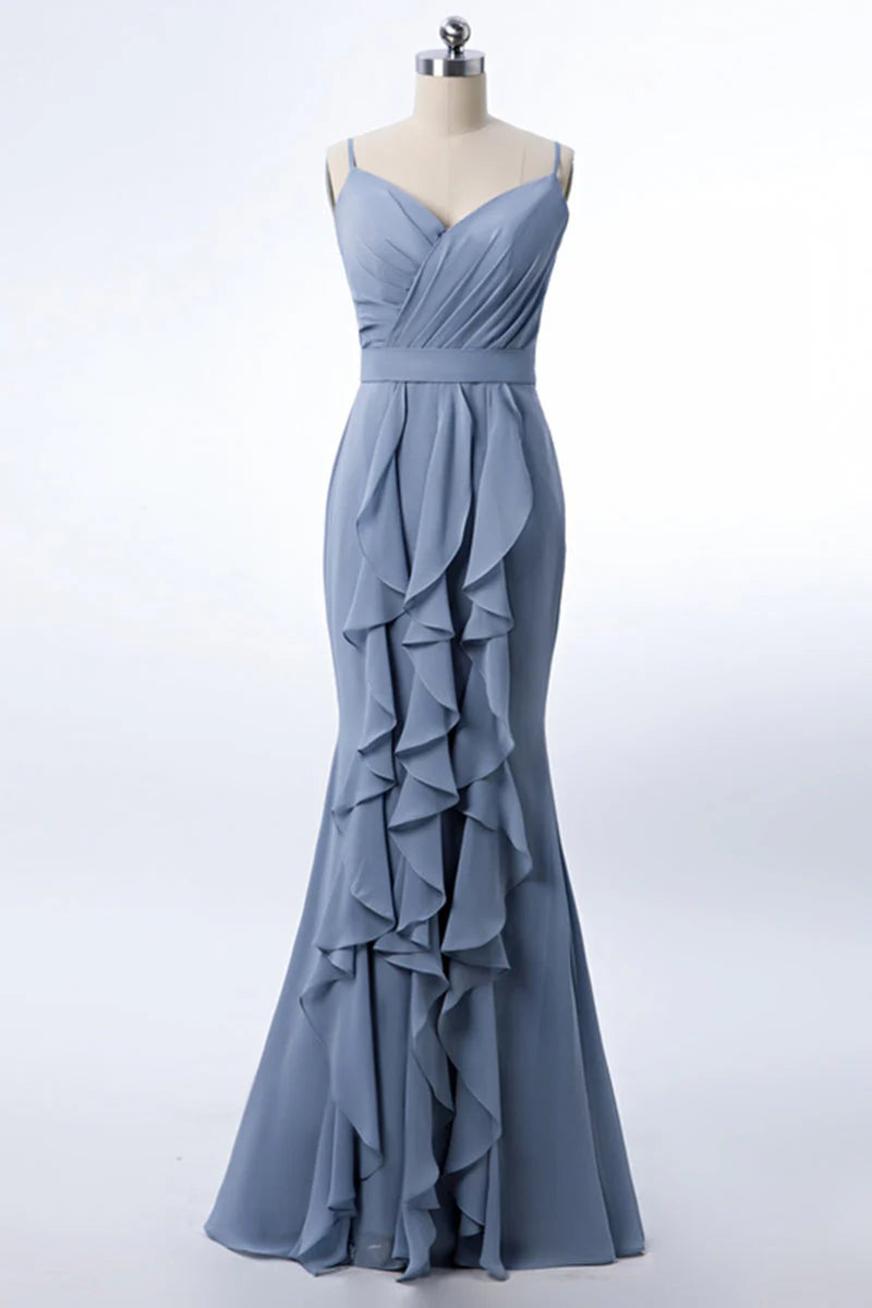 Dusty Blue Floor-Length Mermaid Chiffon Bridesmaid Dresses with Ruffles