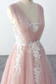 Pink V-Neck Sleeveless A-Line Long Tulle Wedding Dresses with Appliques