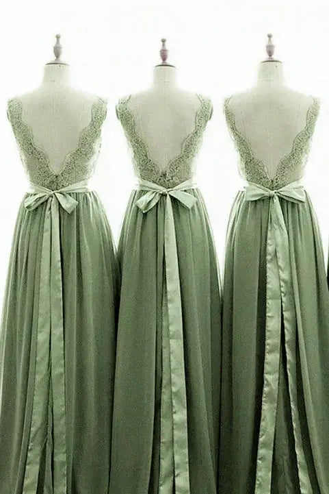 Classic V-Neck Floor-Length A-Line Lace Chiifon Bridesmaid Dresses with Sash